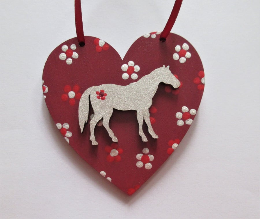 Horse Pony Hanging Heart Decoration Hand Painted Ditsy Flowers