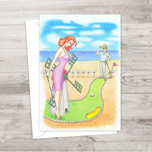 Crazy Golf Greeting Card: Seaside Postcard Style Pencil Illustration (805)