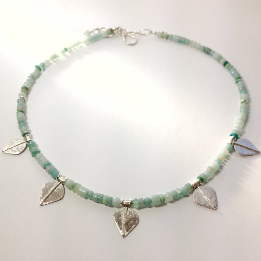 Silver and aqua blue amazonite and opal leaf spear necklace
