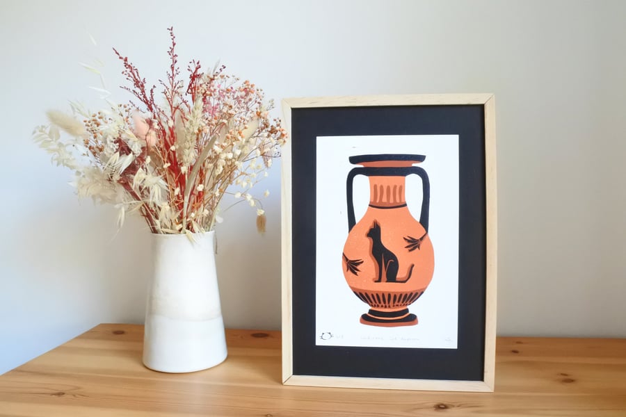 Sandstone Cat Amphora – A5 Original Handmade Reduction Lino Print