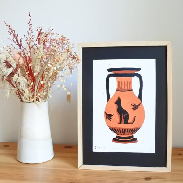Sandstone Cat Amphora – A5 Original Handmade Reduction Lino Print