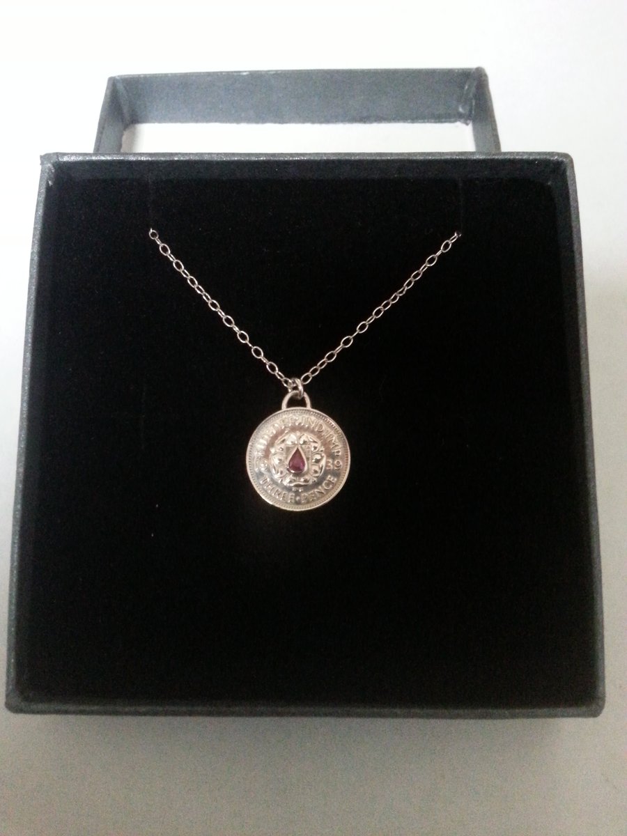 1939 Theepence and Sapphire pendant 