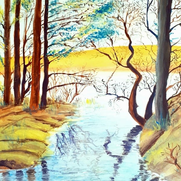 Original gouache painting, Quiet Corner of Siblyback Lake, Cornwall 398 x 295 mm