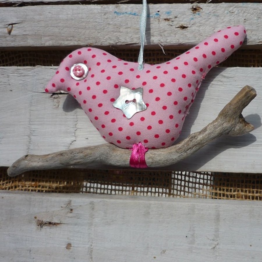 Christmas Quirky Bird Decoration on a Drift Wood Perch Shabby chic