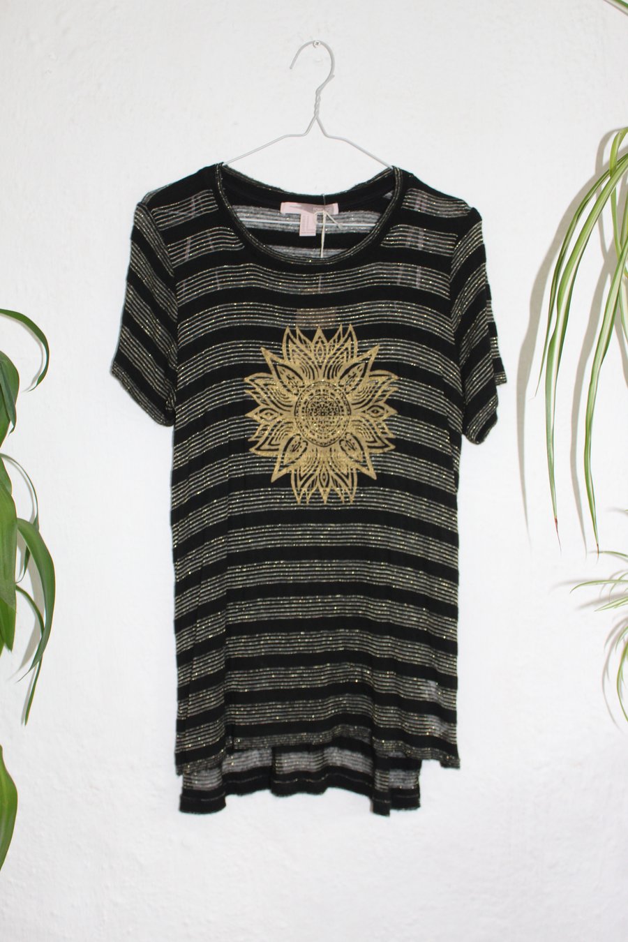 Black and gold T shirt cotton,reworked Eco gold mandala print, ladies size M 