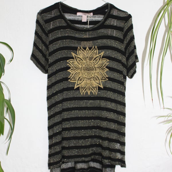 Black and gold T shirt cotton,reworked Eco gold mandala print, ladies size M 