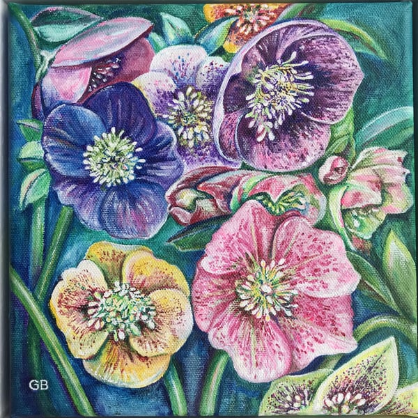 Hellebores Painting, Original Painting,  Flower Painting, Small Painting.