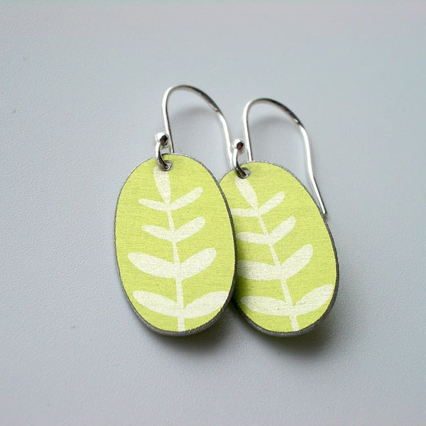 Lime green leaf oval earrings 