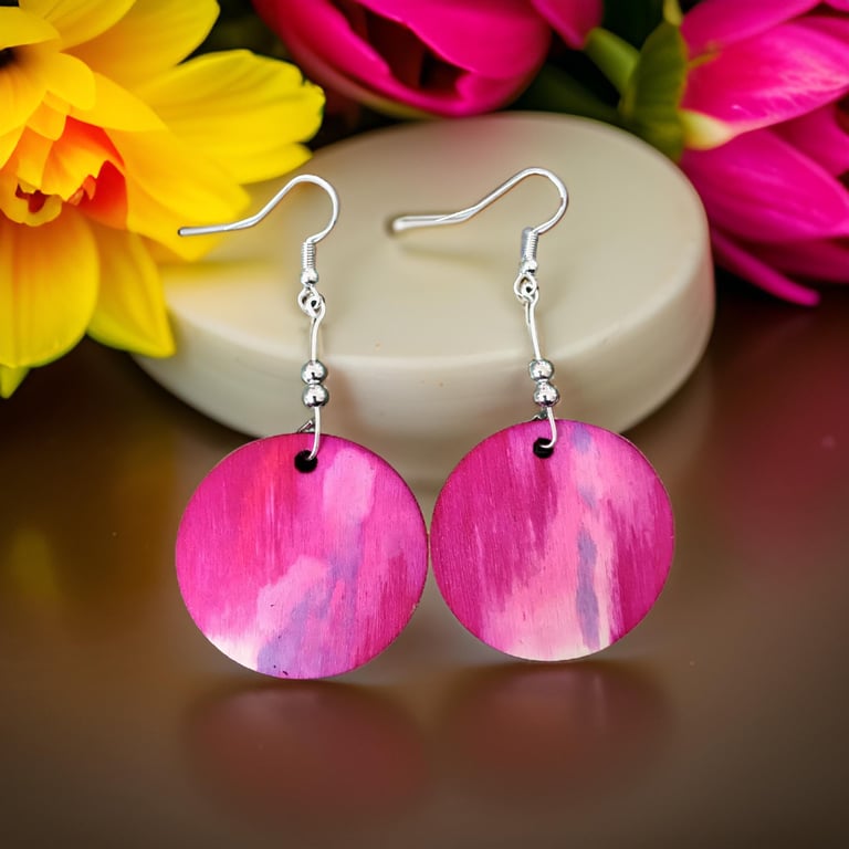 Earrings - Boho style, Dangle, Alcohol Ink on Wood - Silver Plated, Freepost