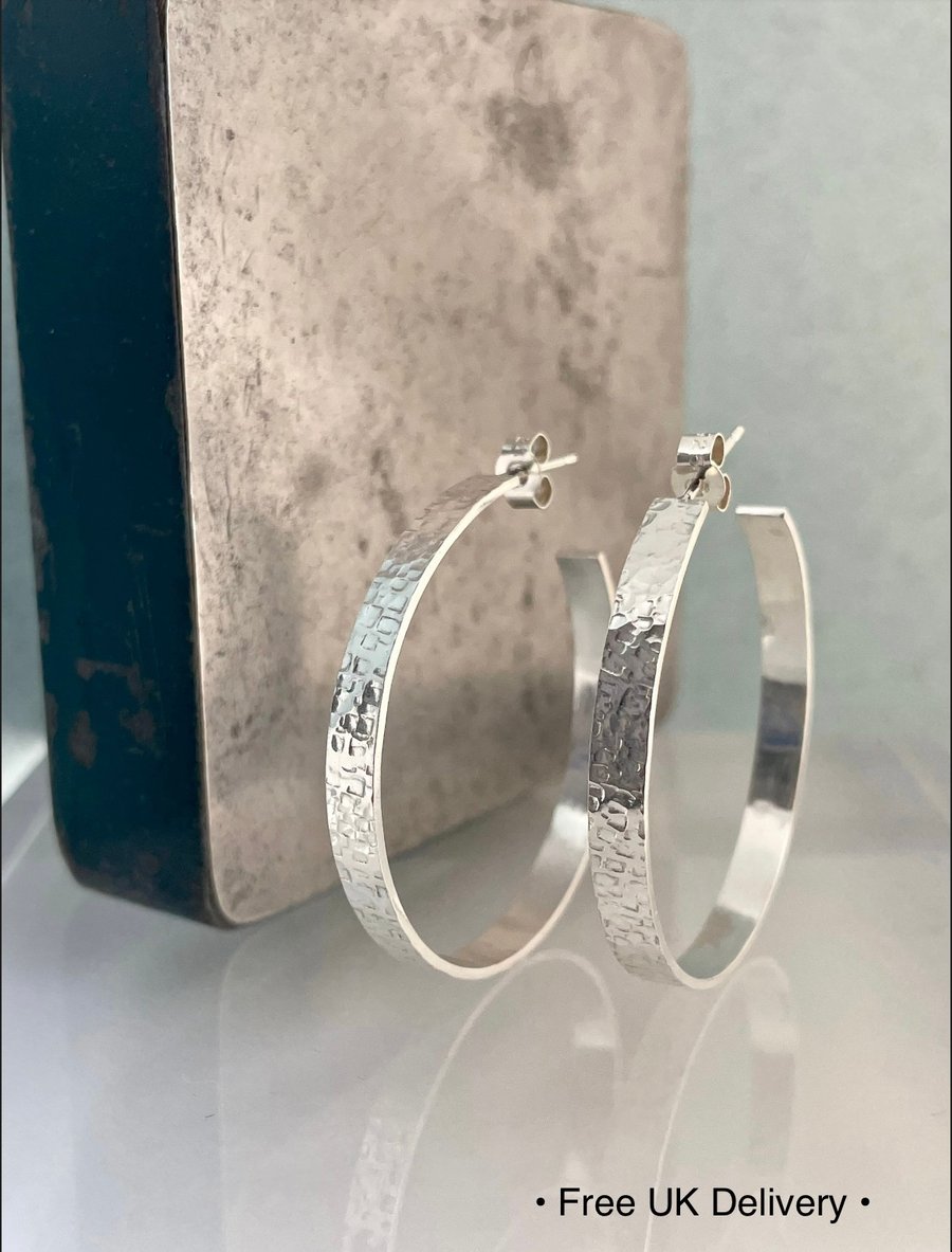 Silver Hoop Earrings - Sterling Silver 4mm Wide Hammered-Sparkly - Sizes 25-60mm