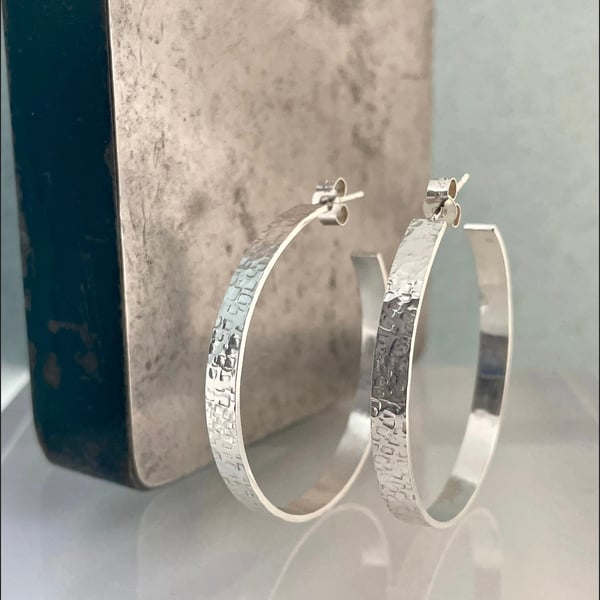 Silver Hoop Earrings - Sterling Silver 4mm Wide Hammered-Sparkly - Sizes 25-60mm