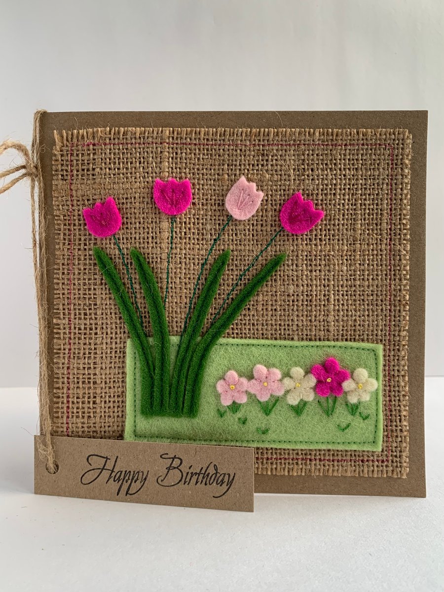 Handmade Birthday Card. Fuchsia pink and pale pink flowers from wool felt.