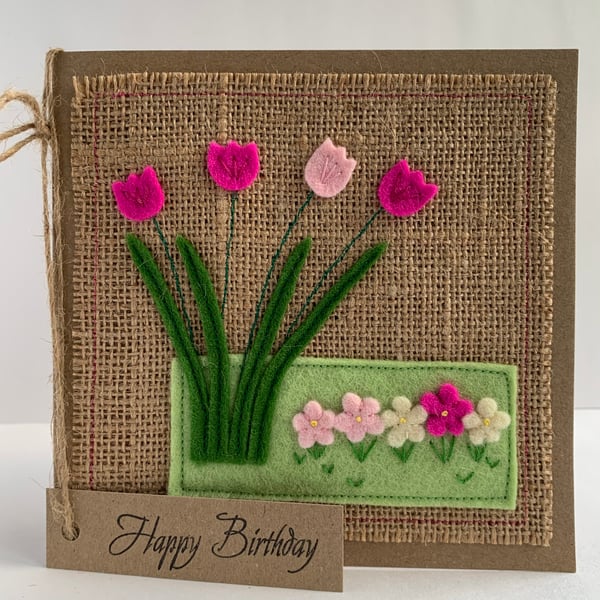 Handmade Birthday Card. Fuchsia pink and pale pink flowers from wool felt.