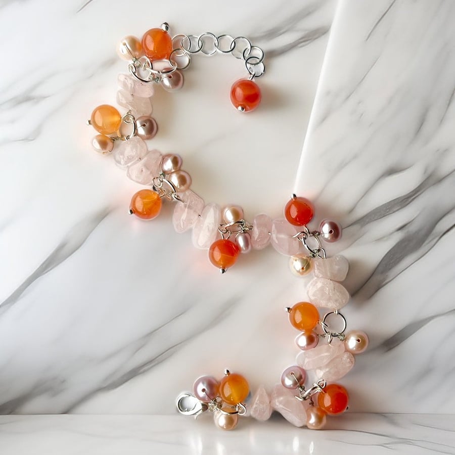 Rose Quartz, Freshwater Pearl, Orange Carnelian Bracelet 