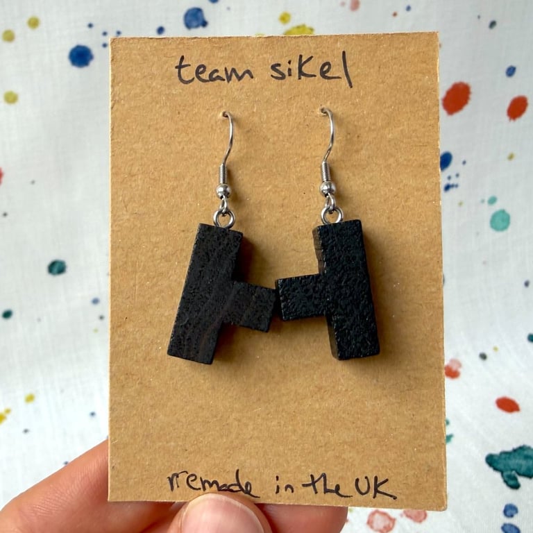 Dark Wooden T Earrings from a 3D Puzzle - Old Stock - Super Seconds