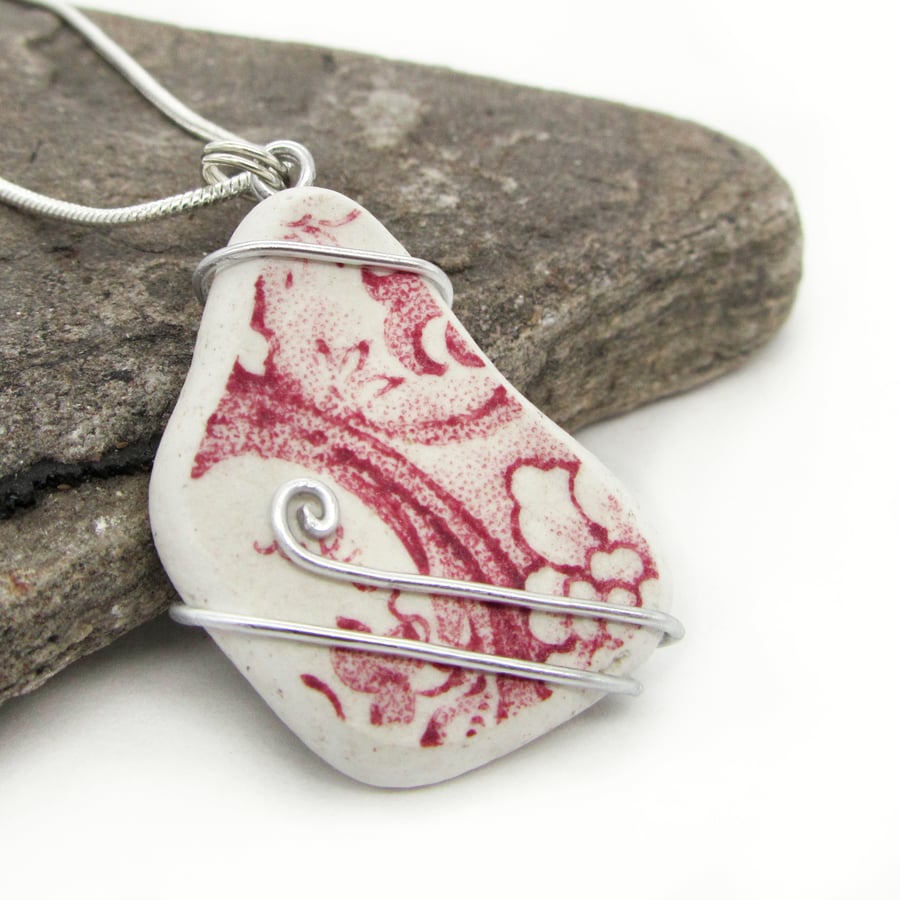 Antique Sea Pottery Pendant Necklace - Pink Beach China. Wire Wrapped Jewellery