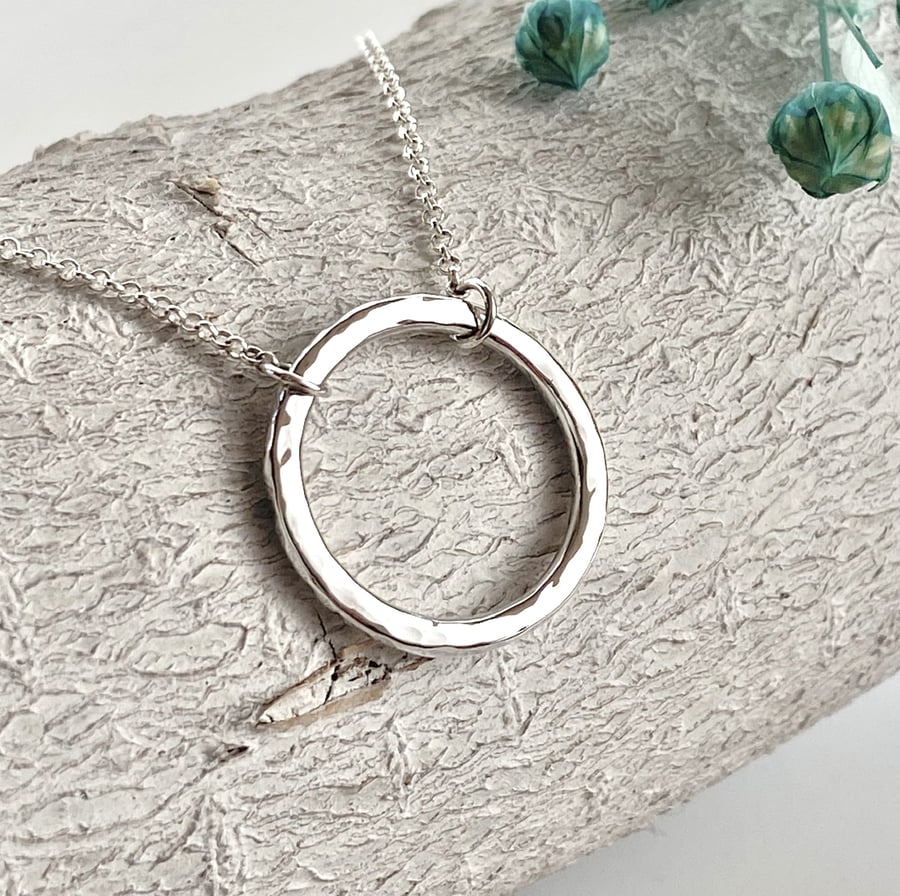 Hammered Open Circle Necklace Sterling Silver