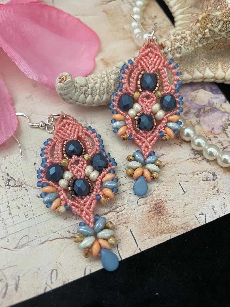 Earrings, dangle beaded delicate macrame earrings, boho chic earrings