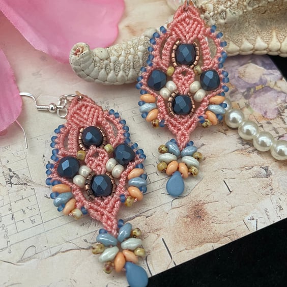 Earrings, dangle beaded delicate macrame earrings, boho chic earrings