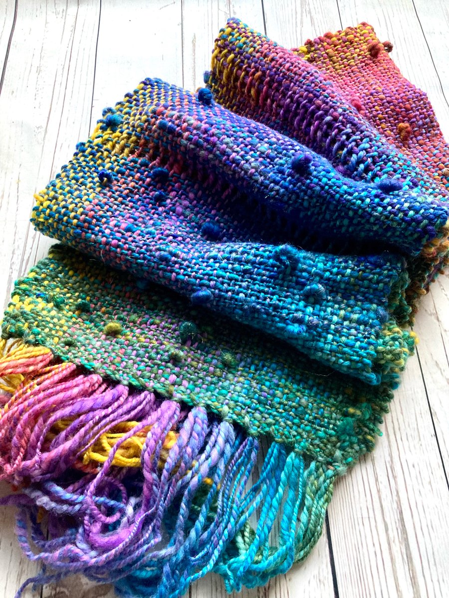 Hand dyed, spun and woven scarf Autumn Rainbow