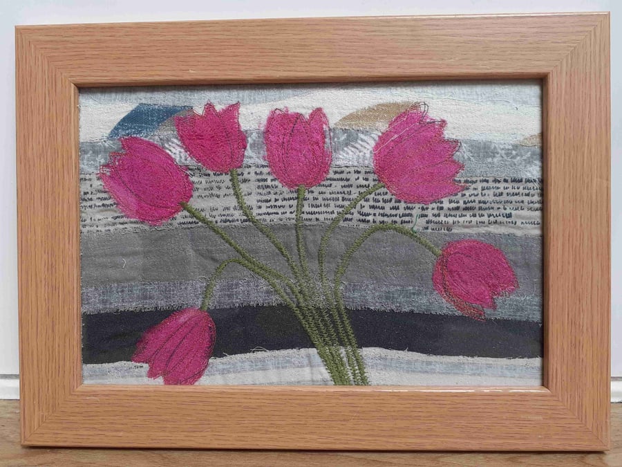 Tulips original framed textile art 37 x 27cm