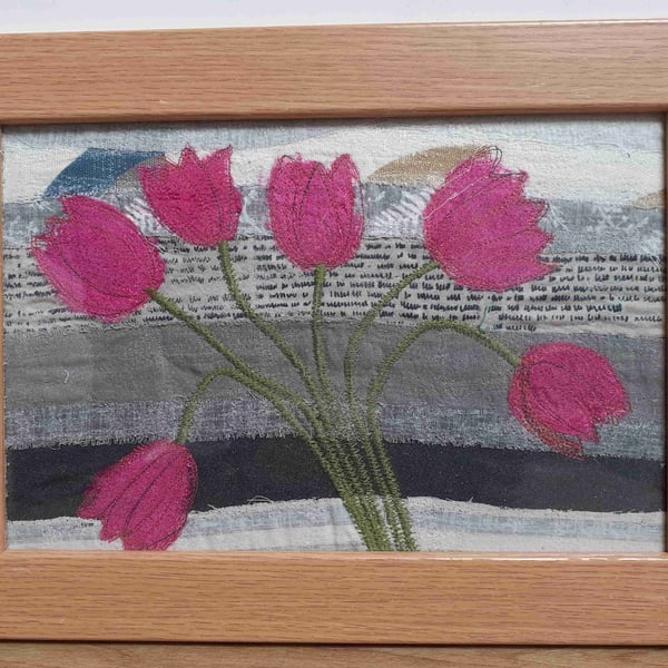 Tulips original framed textile art 37 x 27cm