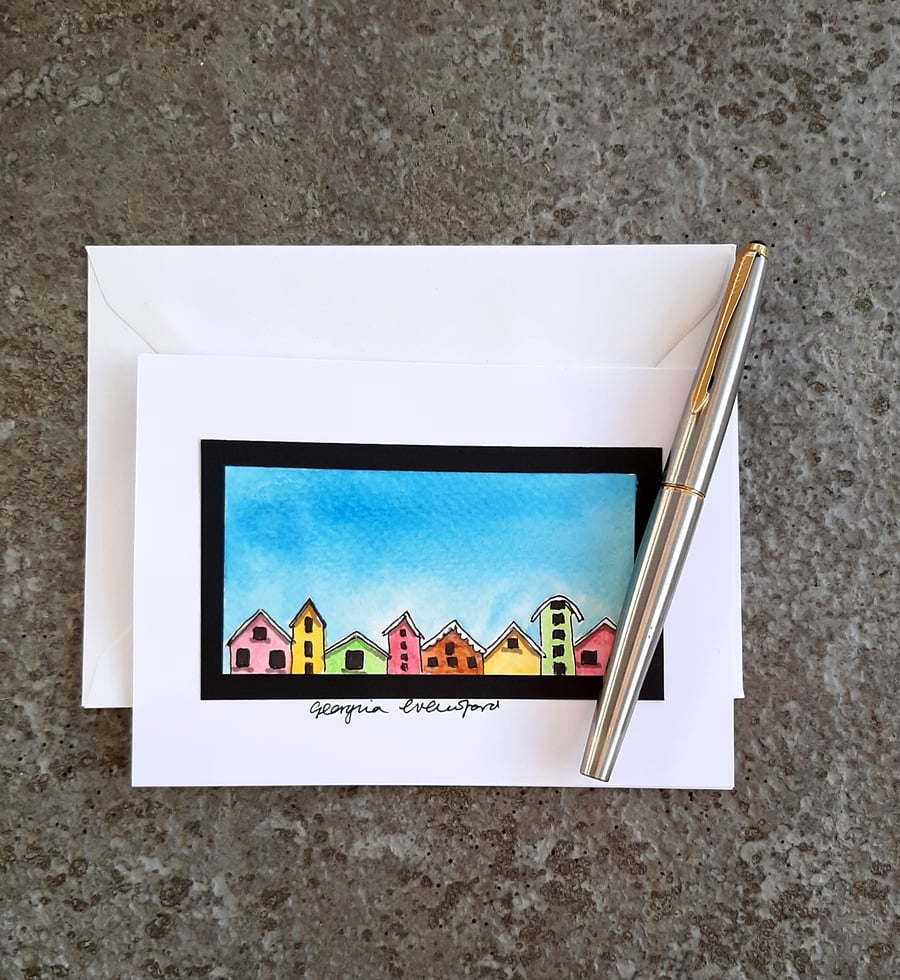 Blank Birthday, Anniversary, Card. Handpainted Watercolour Card Houses Cottages