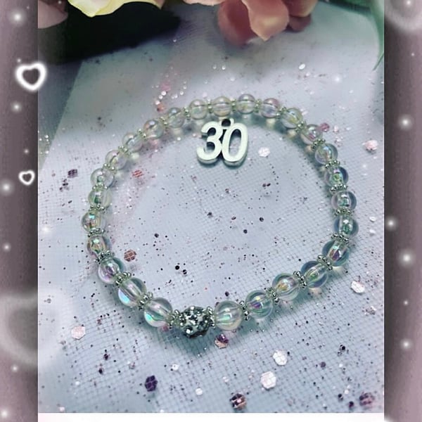 30th milestone ab crystal stretch beaded bracelet gift age charm 