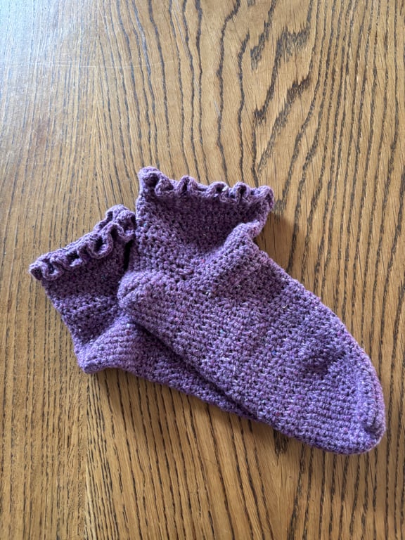 Pair of purple crochet socks made from recycled wool blend yarn, size 5