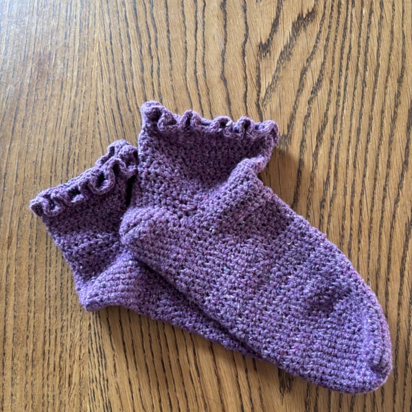 Pair of purple crochet socks made from recycled wool blend yarn, size 5