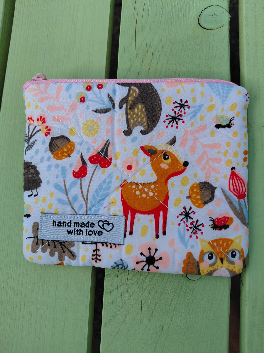 Quilted Woodland Animals Coin Purse with Pink zip