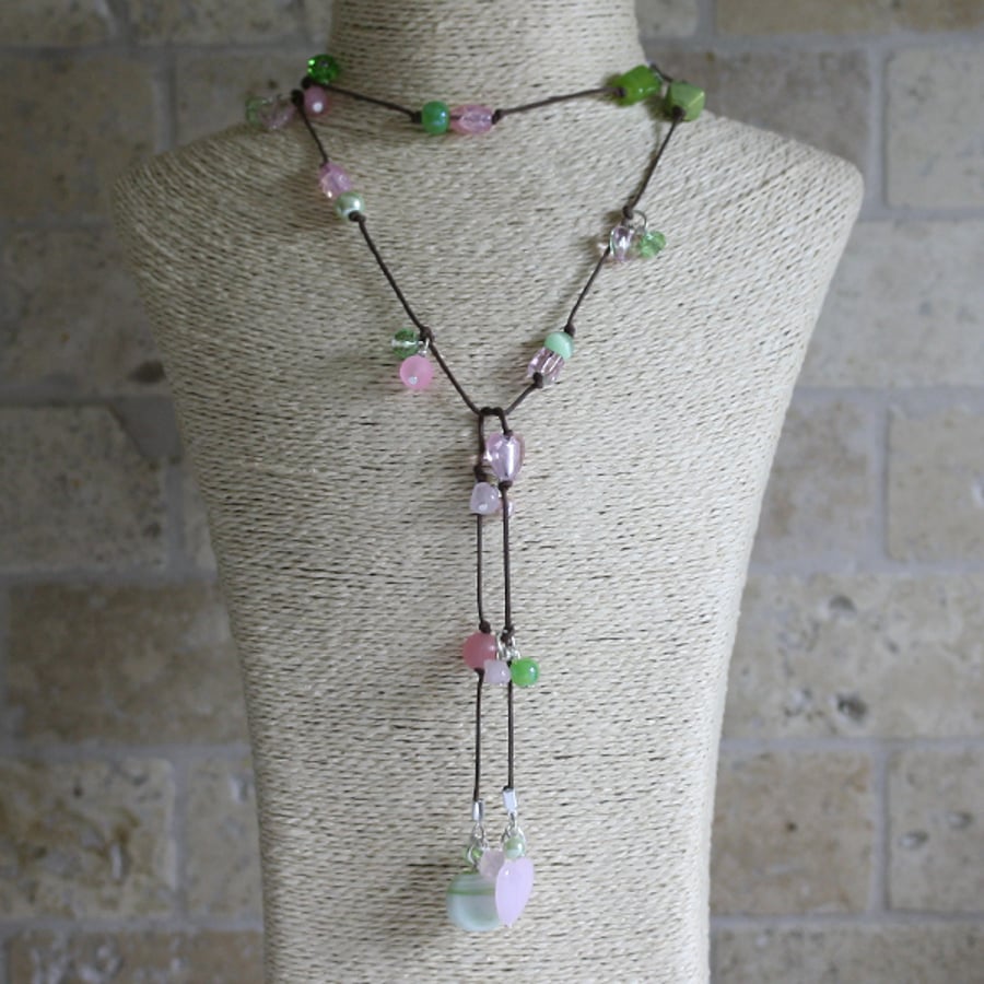 Mixed Green and Pink Lariat, Long necklace