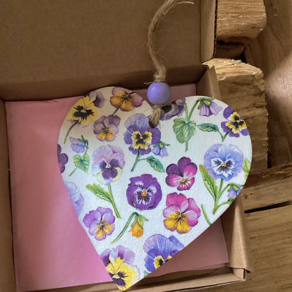 Wooden Heart Pansies