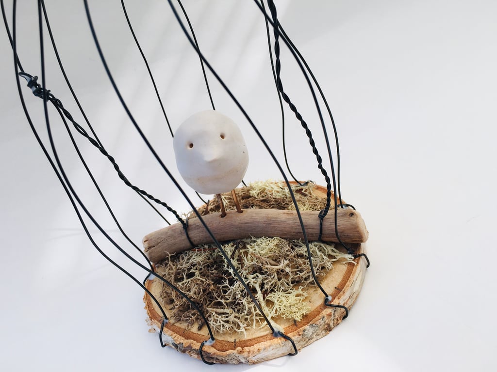 Wire bird cage, wire art sculpture, wire and pottery hanger, fantasy
