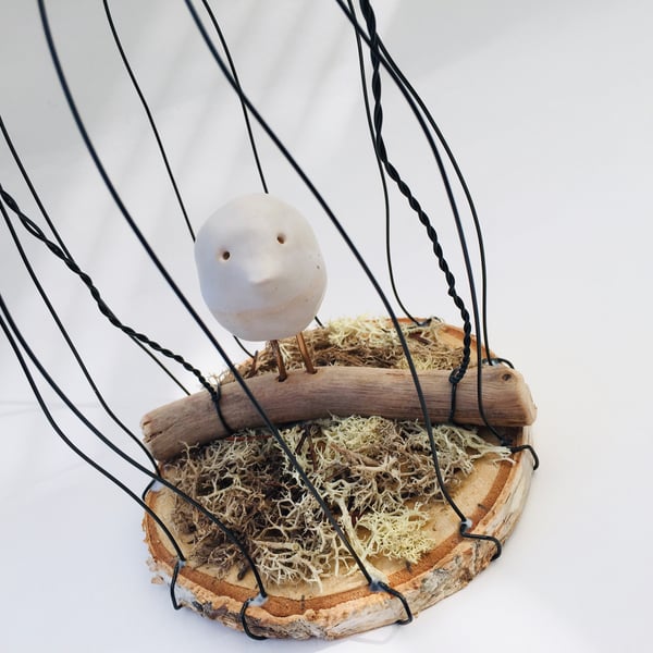 Wire bird cage, wire art sculpture, wire and pottery hanger, fantasy