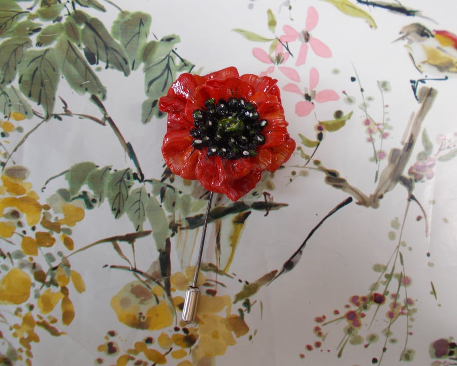 Festive RED POPPY PIN Clay Remembrance Lapel Flower Brooch HANDMADE HAND PAINTED