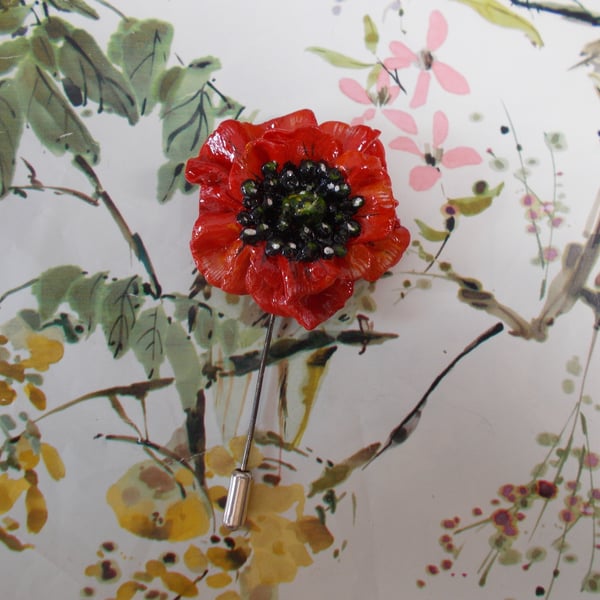 Festive RED POPPY PIN Clay Remembrance Lapel Flower Brooch HANDMADE HAND PAINTED