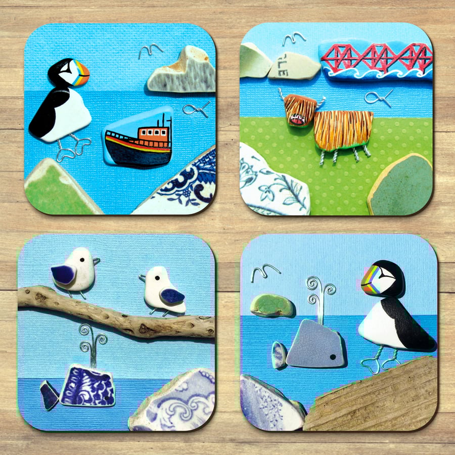 Coaster Set x4 Seaside Pebble Art from Scotland - Puffin, Seagull, Highland Cow