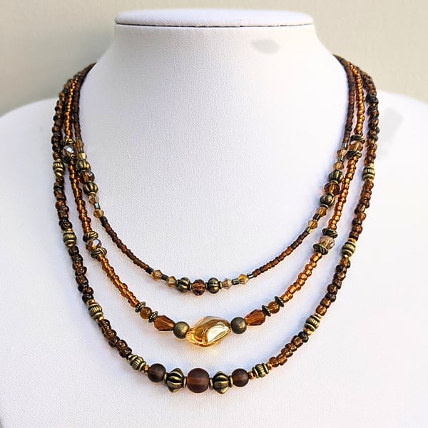 Brown and Topaz Multi Strand Beaded Necklace