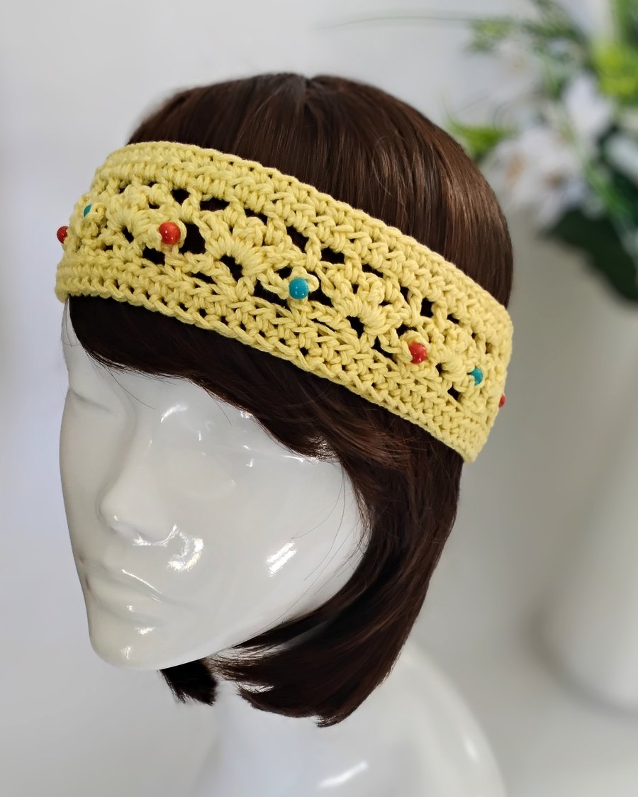 Lemon Crochet Headband with Wooden Beads 