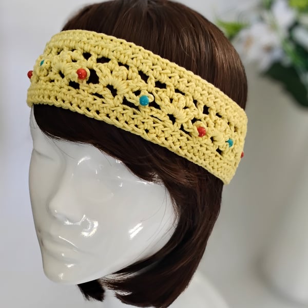 Lemon Crochet Headband with Wooden Beads 