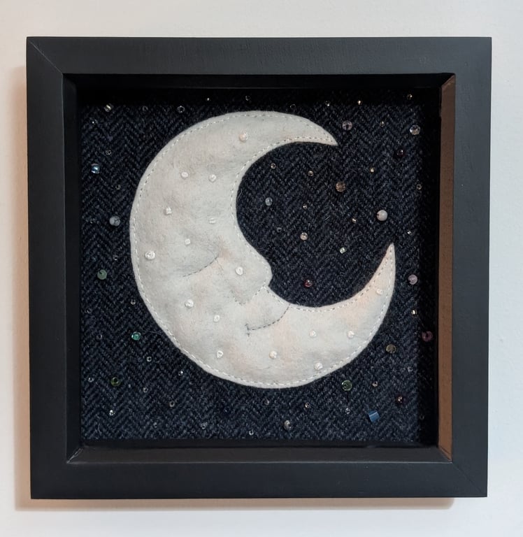 Sleepy waning crescent moon textile picture