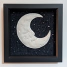 Sleepy waning crescent moon textile picture