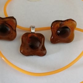 Fused Glass Flowers Pendant  and Stud Earrings