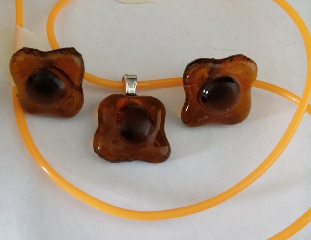 Fused Glass Flowers Pendant  and Stud Earrings