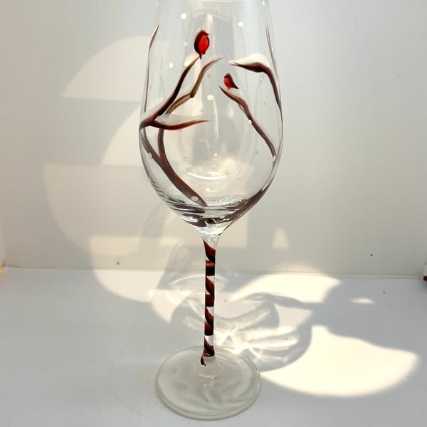 Robin Wine Glass Hand Painted Christmas Design Wine Glass with Snow.