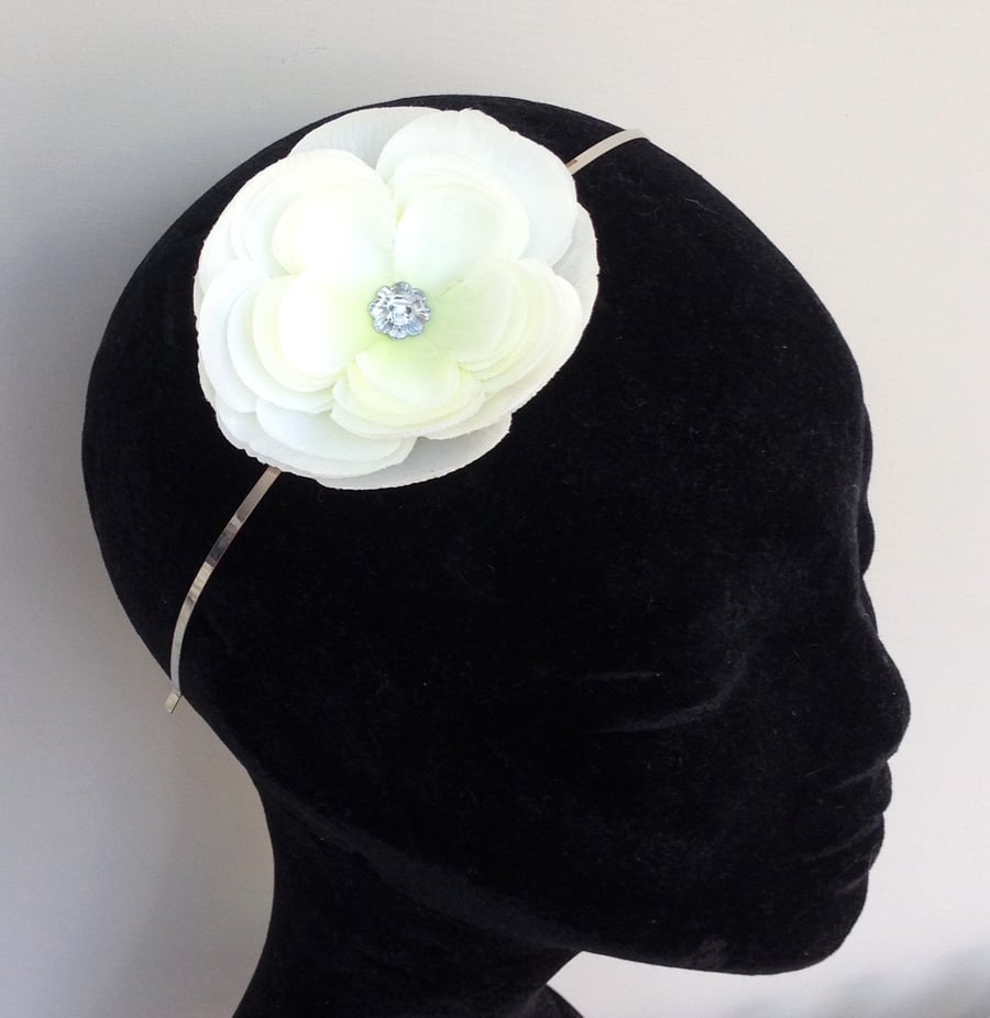 Handmade silk cream flower headband hair band with hand sewn diamante button