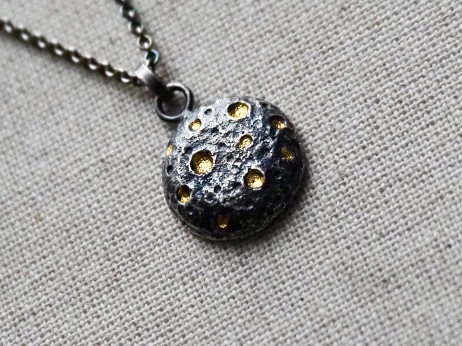 Oxidised Moon Pendant Sterling Silver Pendant with 24k Yellow Gold Leaves 