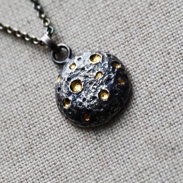 Oxidised Moon Pendant Sterling Silver Pendant with 24k Yellow Gold Leaves 