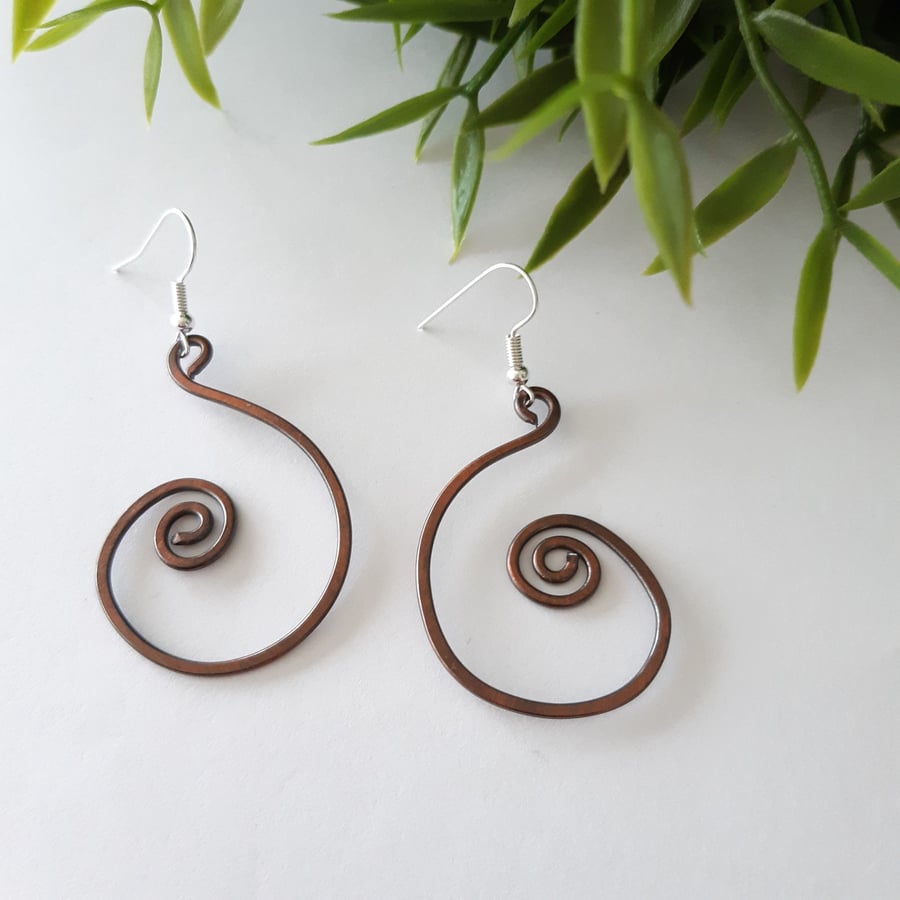 Copper Spiral hoop earrings, copper jewellery, rustic handmade earrings